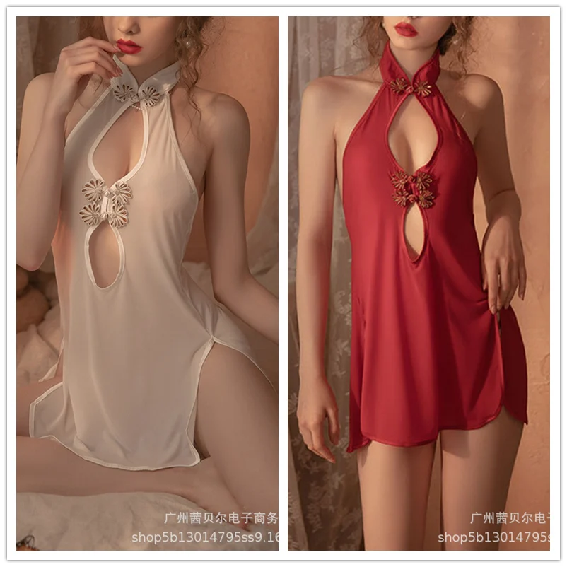 

Mandylandy Women's Sexy Pajamas Set Lady Fashion Hollow Out Halter Mini Dress + Briefs Two Piece Set Sleepwear Nightwear