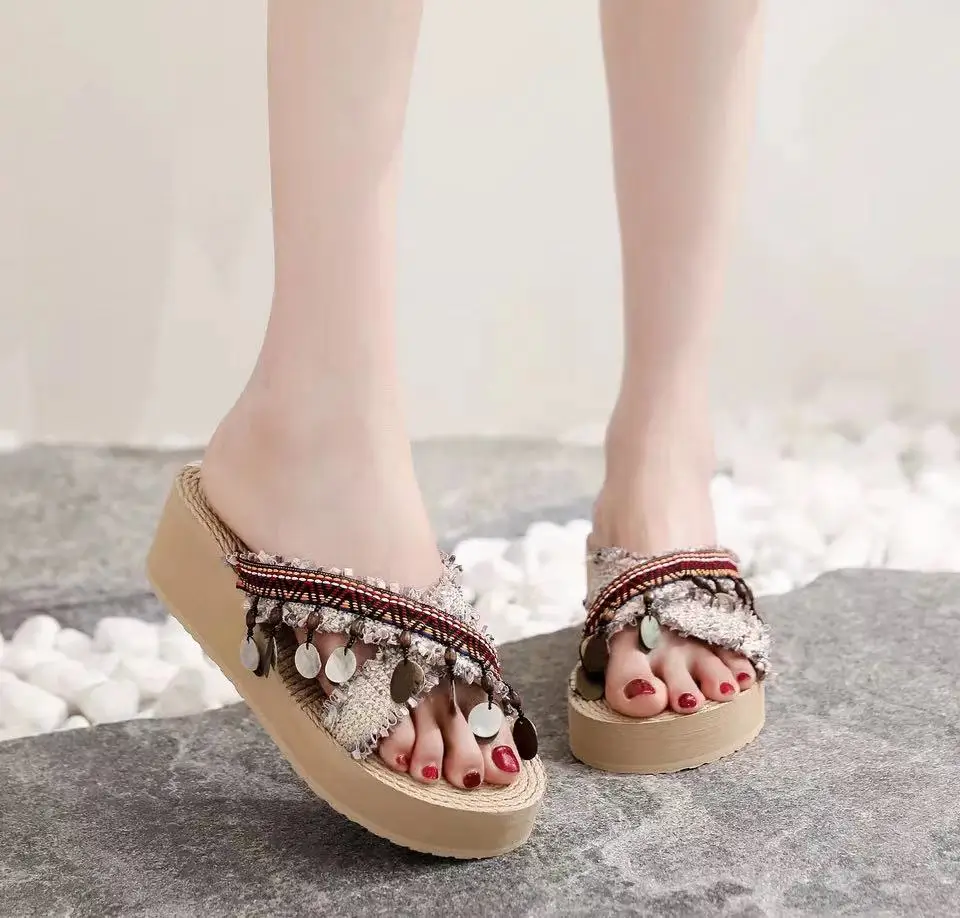 

Summer New Fashion Women Luxury Rhinestones Diamond Flip Flops Sandals Slippers Holidays Beach Shoes Wedge Platform Sandal