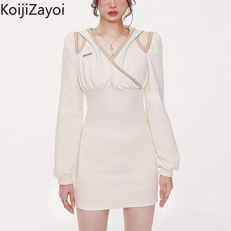 

Koijizayoi Long Sleeve Hooded Wrap Mini Dress 2022 Spring Women Hollow Out Bodycon Dress Sexy Solid Club Party Dress Streetwear