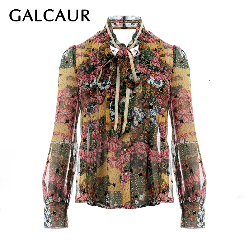 GALCAUR Patchwork Sequin Print Women's Shirt Stand Collar Long Sleeve Lace Up Bowknot Autumn Blouse Female 2020 Fashion New | Женская