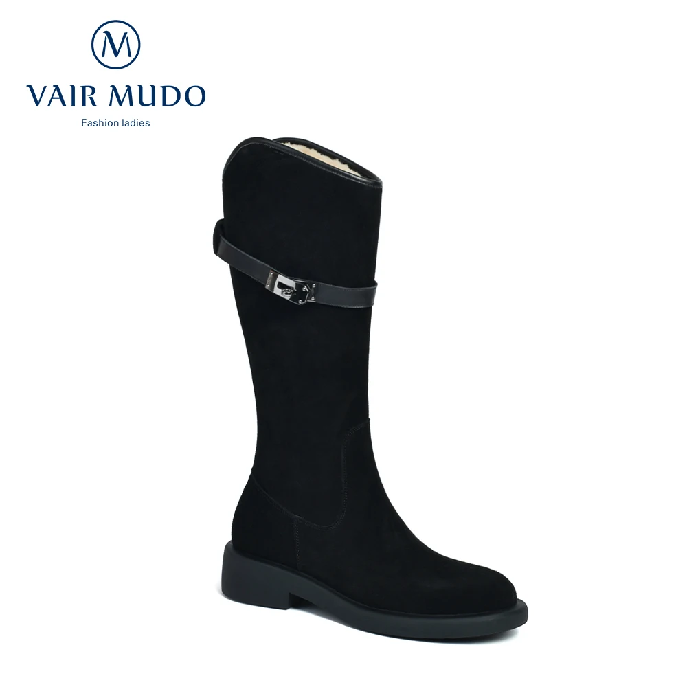 

VAIR MUDO Knee-High Boots Concise Shoes Thick Heels Round Toe Elegant Fashion Boots Black Kid Suede Autumn Winter WM-X403-C