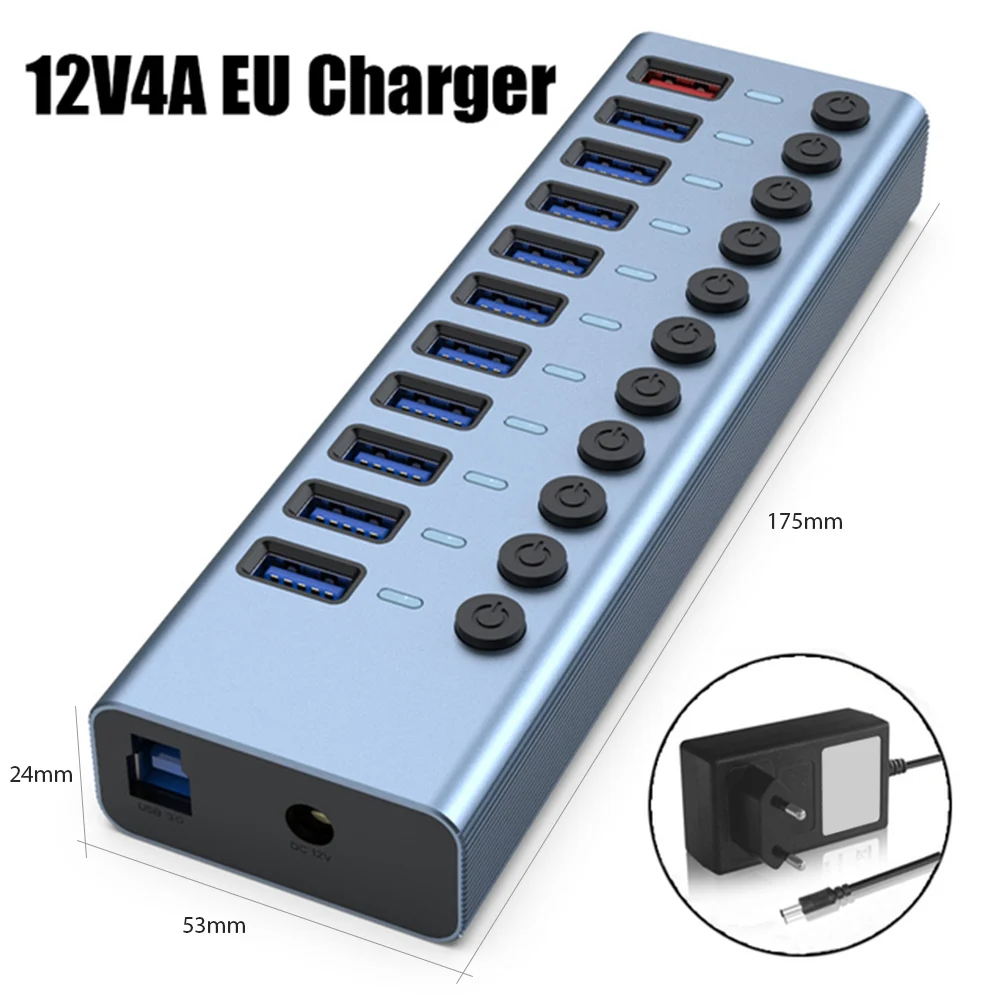

USB 3.0 HUB Aluminum Alloy Multi-Interface Splitter 11 Port Data Transmission Extender Supports Charging 12V 4A Power Supply