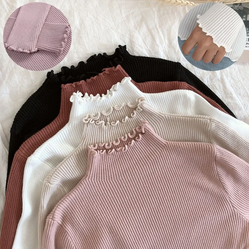 Женский вязаный свитер с рюшами Cysincos облегающий Однотонный высоким эластичным