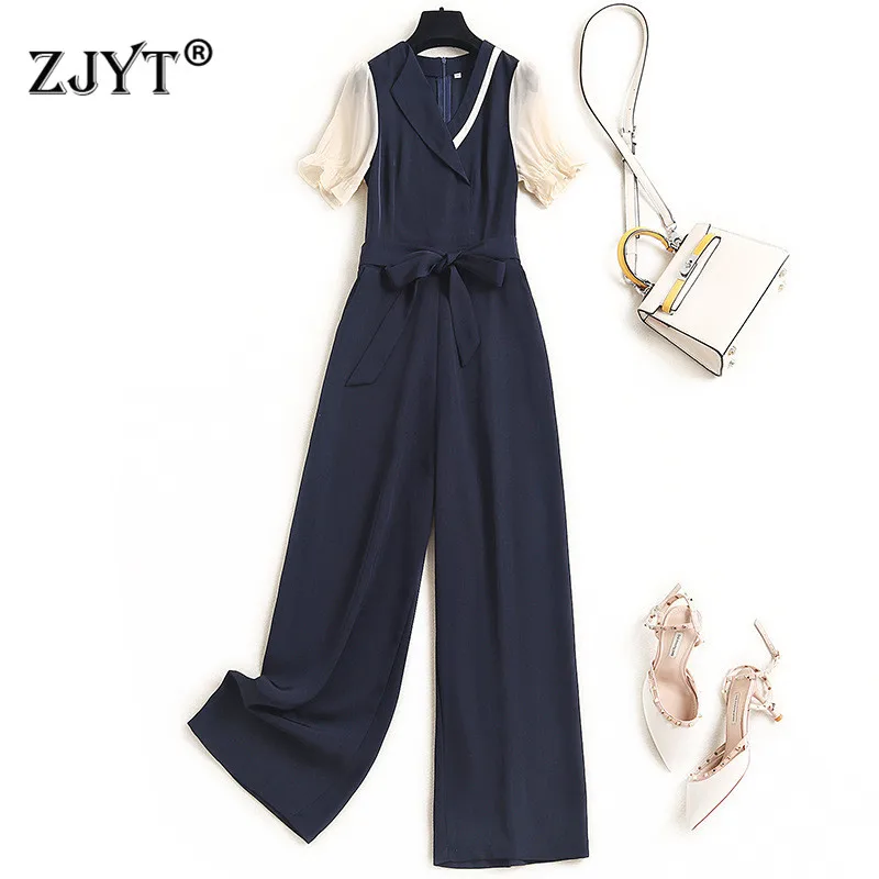 

Summer Runway Fashion Elegant Short Sleeve Patchwork Sashes Jumpsuits Womens Rompers Office Lady Wide Leg Full Length Pants