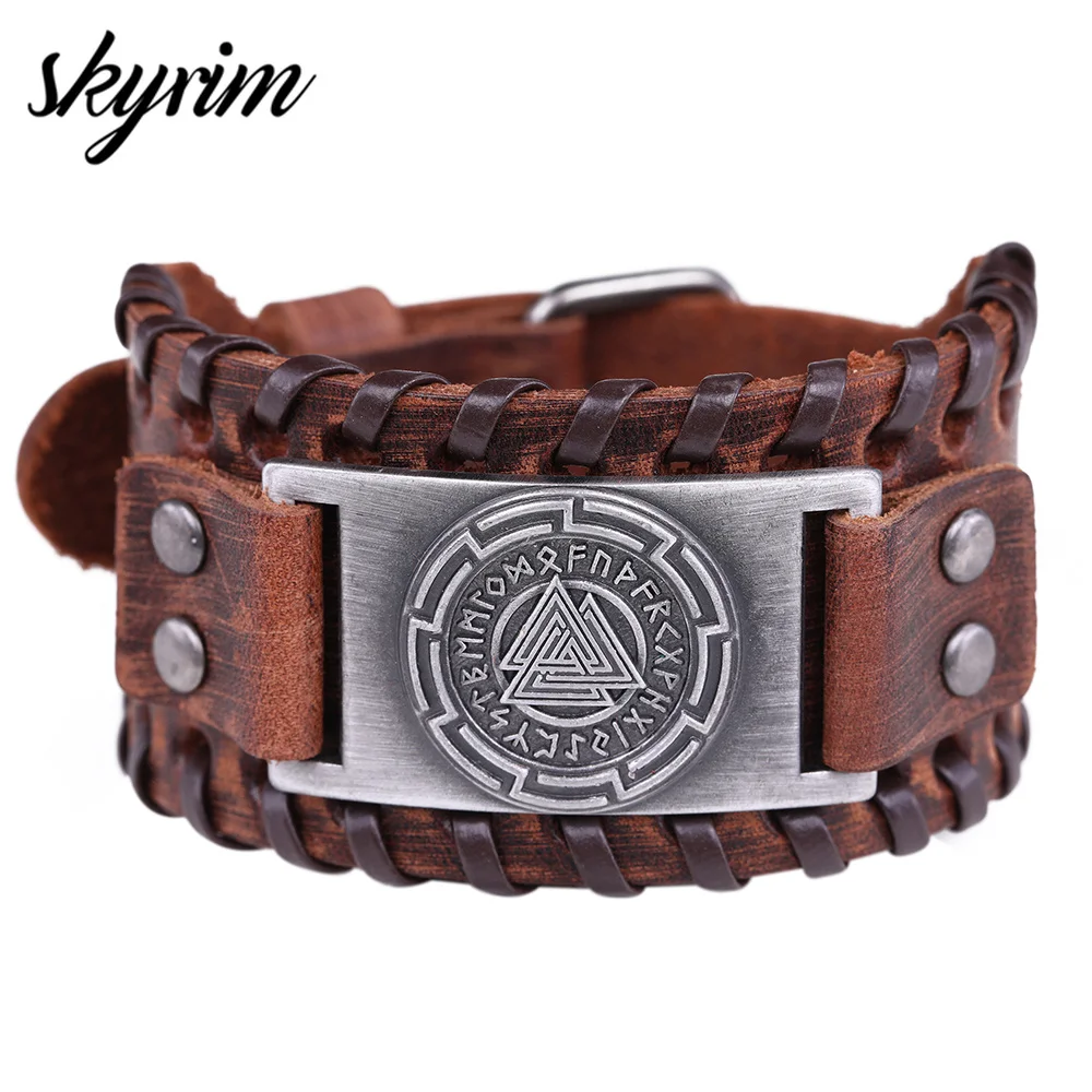Skyrim Viking Valknut кожаный браслет для мужчин символ Одина панк ретро амулет Руны Скандинавские манжеты жесткий браслет ювелирные изделия