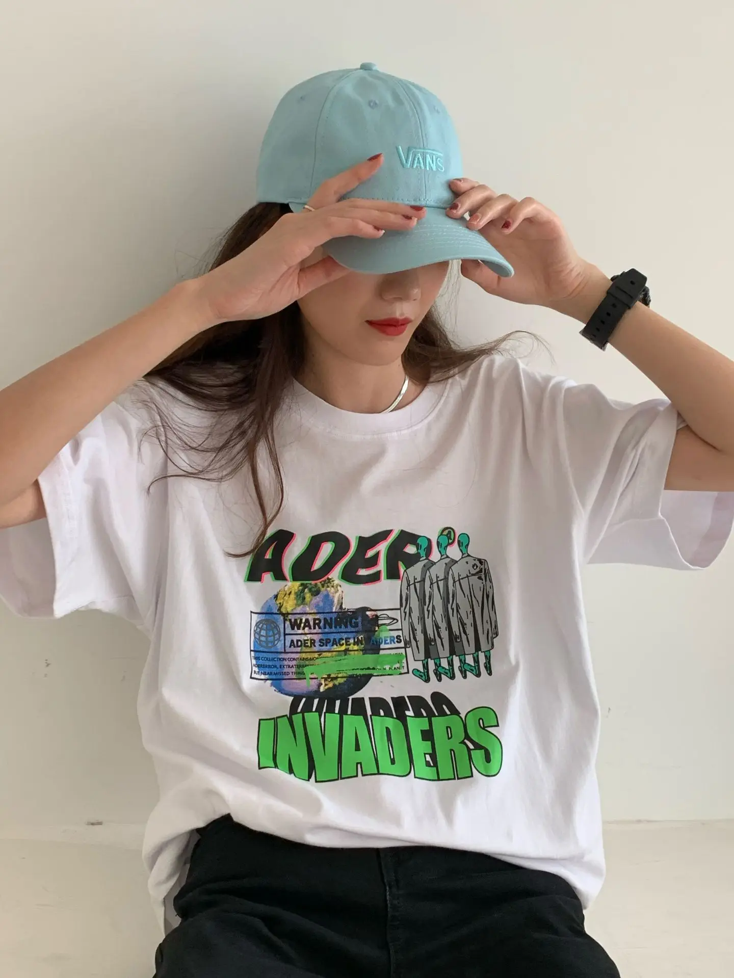 

Oversize ADERs Tshirt Women's T-shirt Star Same Style Alien Print Short Sleeve High Quality Green Casual Top Tees