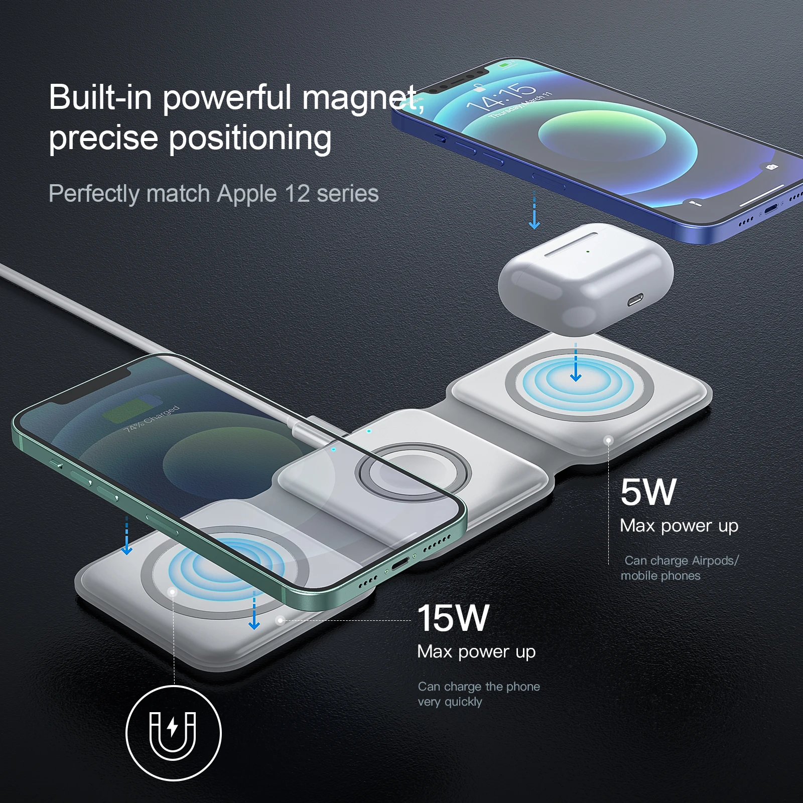 Foldable Wireless Charger Stand For iPhone 14 13 12 Pro Max Mini Apple Watch 3 in 1 Magnetic Charging Station For iWatch AirPods