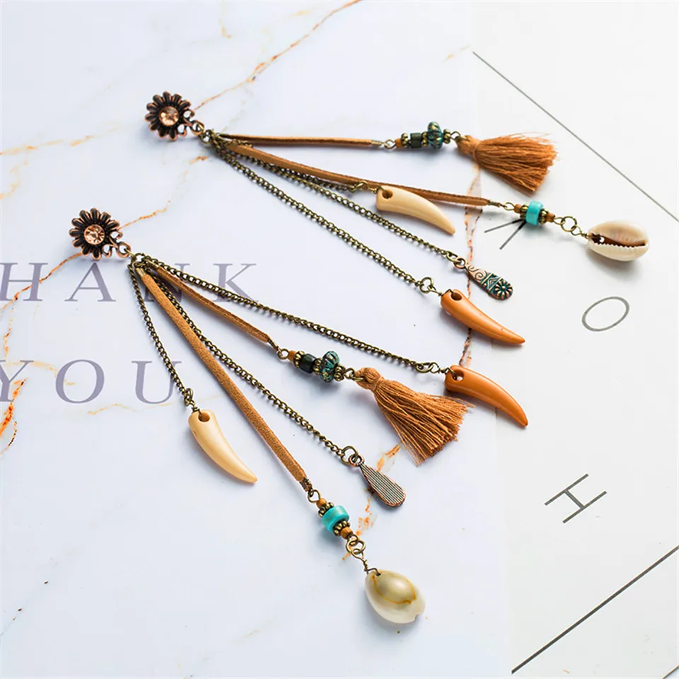 Женские богемные серьги в стиле бохо длинные кисточки с бусинами и бахромой