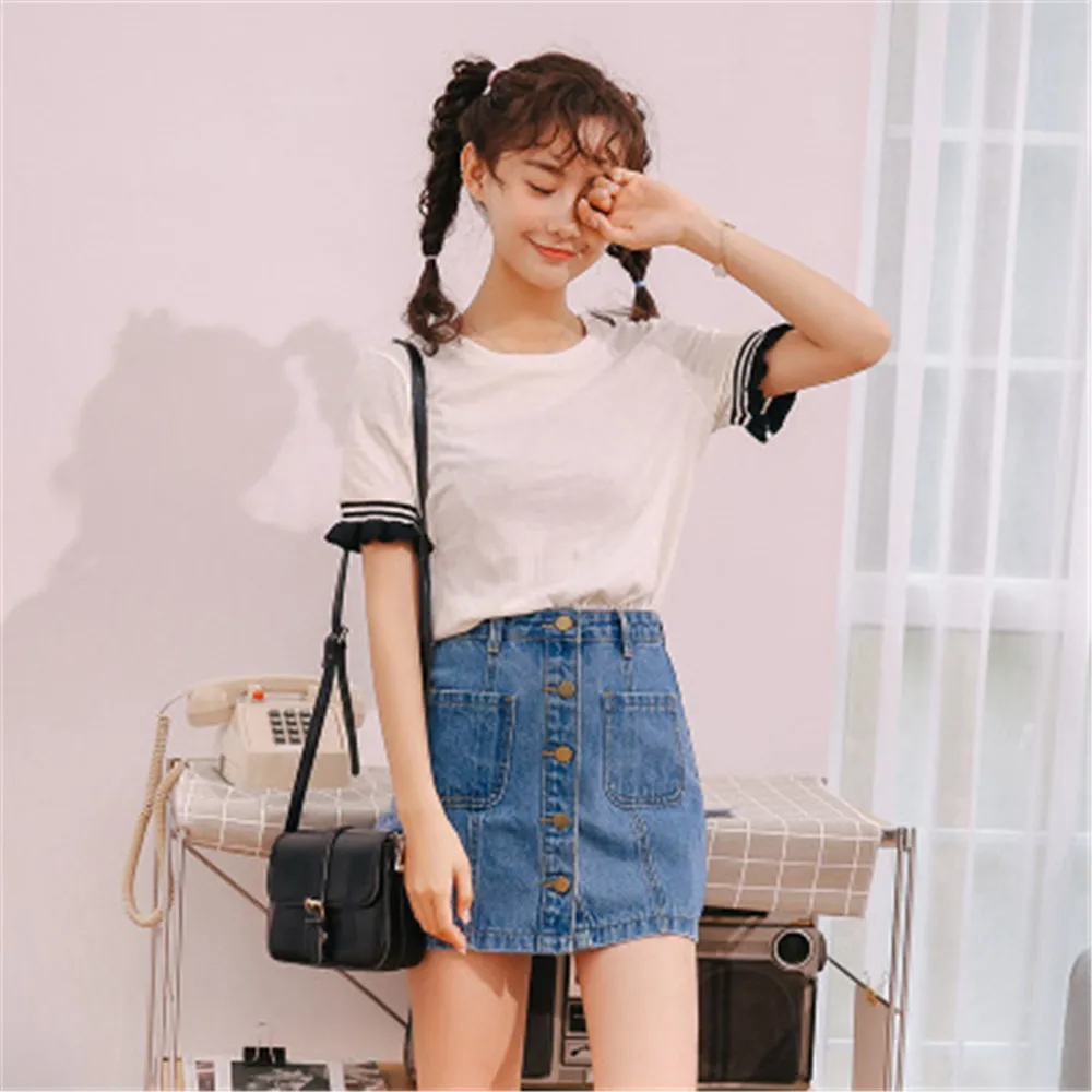 Летняя синяя джинсовая юбка Джинсовая высокая талия а силуэт мини юбки для