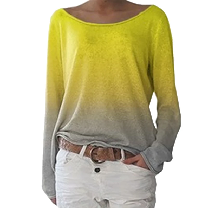 Yellow 1 OEAK, градиентные радужные Лоскутные футболки, женские, длинный рукав, повседневные, базовый топ, тройники, лето, осень, размера плюс, женские футболки - Цвет: Yellow 1
