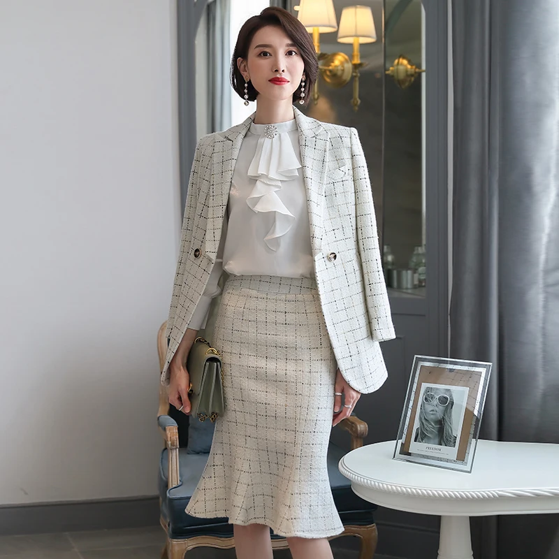 

Skirt Suit Women Elegant Plaid Blazer Jacket Coat Office Ladies Work Formal Business Wear Two Piece Set Winter Clothes Plus Size