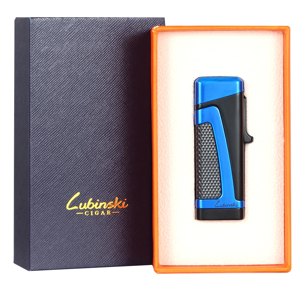

LUBINSKI 3 Jet Torch Lighter Gas Butane Windproof Lighters Tobacco Cigarette Cigar Lighter Holder Stand Gadgets For Men