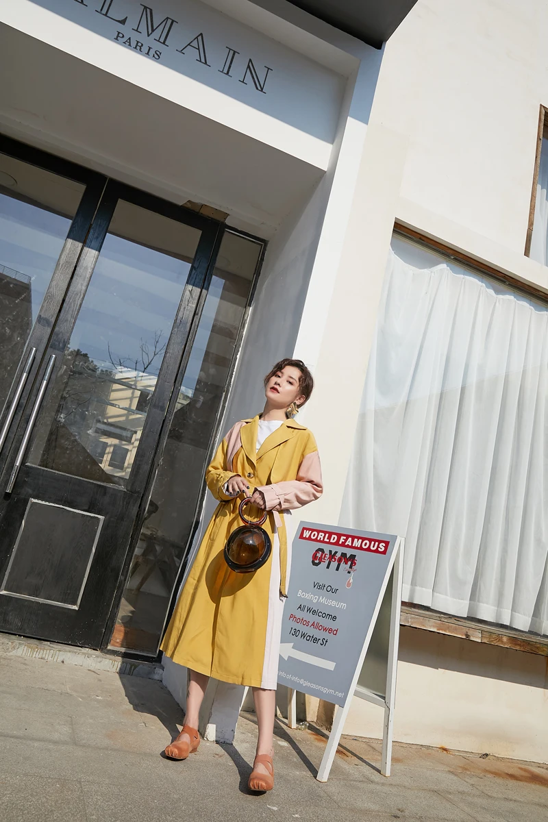 Женский желтый контрастный цветной лоскутный плиссированный большой Тренч