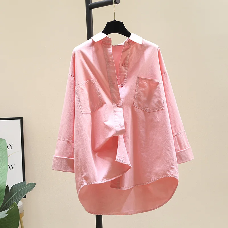

SuperAen Pink Double-pocket Cotton and Linen Shirt Women's Autumn 2021 New Loose Casual Full Jacket