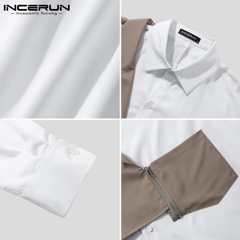 2022 Fashion Men Casual Shirt Lapel Patchwork Long Sleeve Button Zipper Streetwear Fake Two Pieces Tops Camisas S-5XL INCERUN