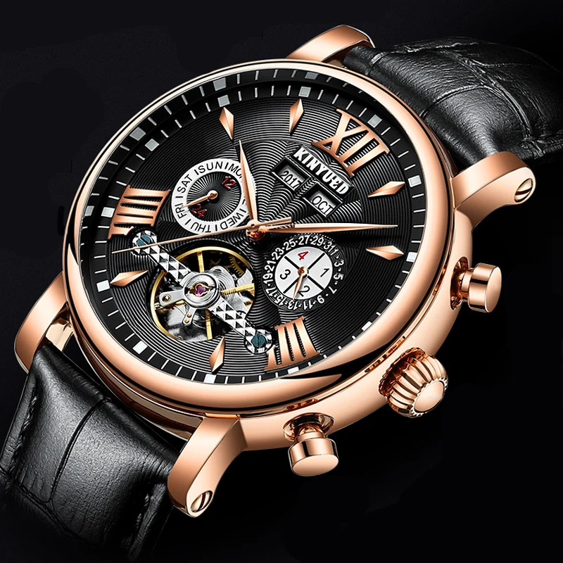 

Часы наручные KINYUED Мужские автоматические механические, спортивные водонепроницаемые с вечным календарем, розовое золото, черный цвет, тур...