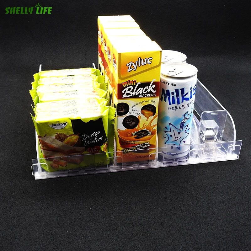 

Width adjustable DIY auto acrylic merchandise bottle shelf pusher plastic retail push shelves