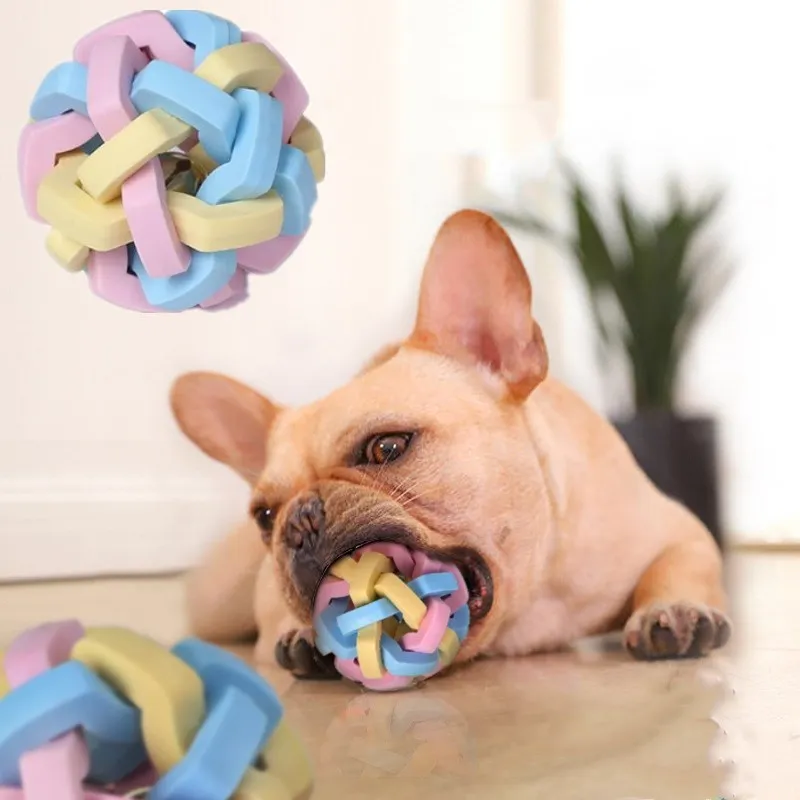

Pet Dog Ball Toy Training Chew Ball Bell Squeaky Sounding Toy Bite Resistant Play Ball Macaron Knitted Ball Colorful Rubber
