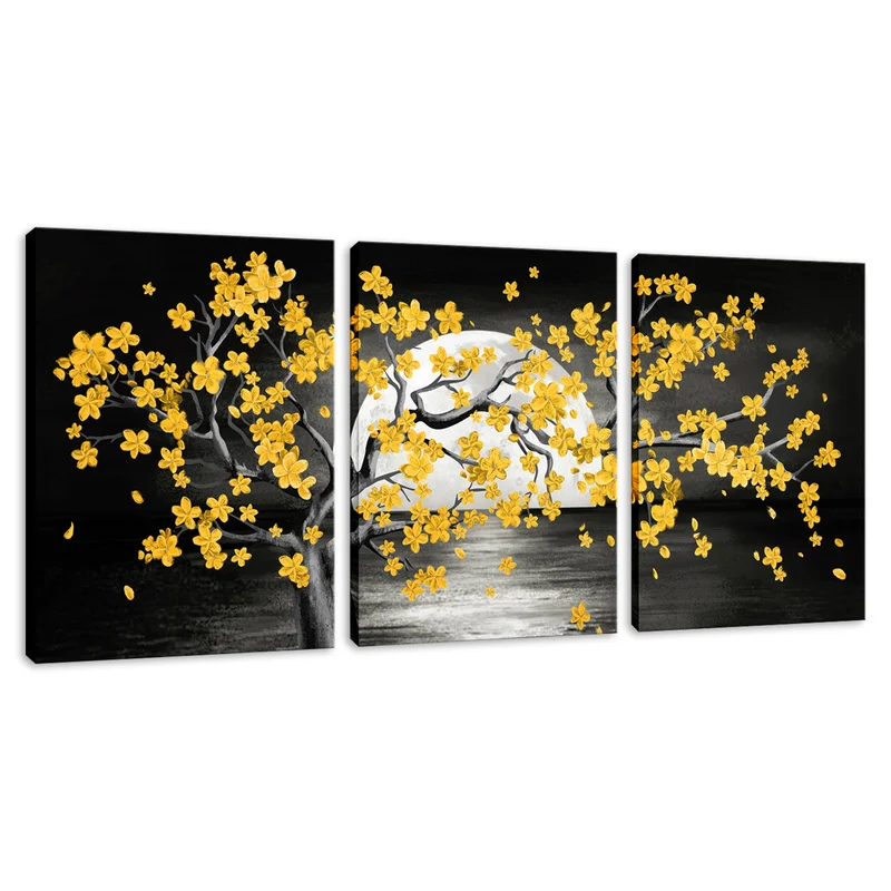 

Landscape Canvas Painting Yellow Flowers Wall Art Poster 3 Pieces Full Moon on Water Oil Print Home Decor Modern Picture