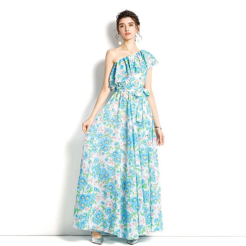 

2022 New Summer Off Shoulder Oblique Collar Boho Chiffon Flowy Dress Sexy One Shoulder Sleeveless Ruffles Party Mermaid Dresses