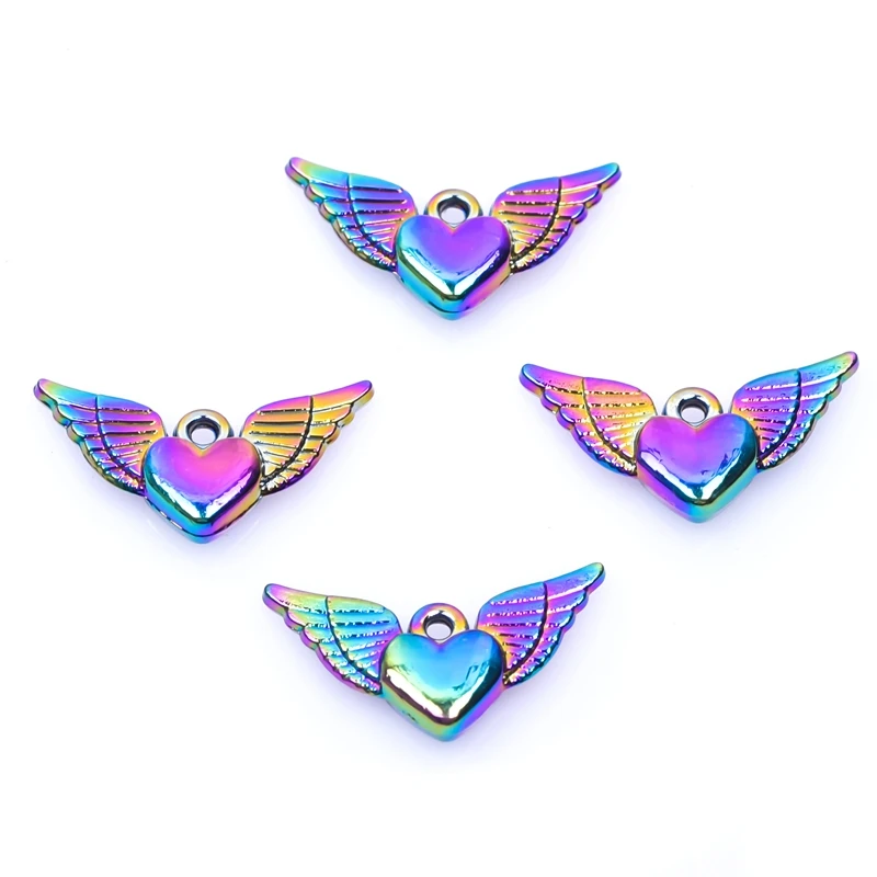 

10PCS/lot 25X13MM Rainbow Color Heart Wing Pendant Charms Alloy Floating Pendant Fit For Necklace Bracelet Floating Locket