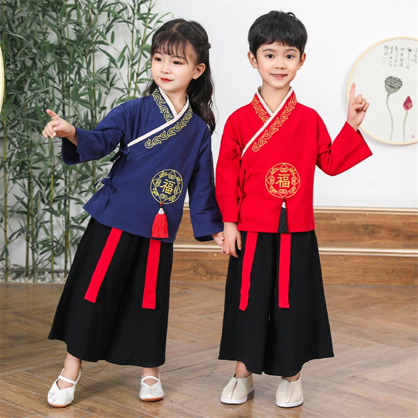 

Children Chinese Traditional Costume Boys Girls Vintage New Year Clothes Tang Suit Kung Fu Uniform Stage Performance Set