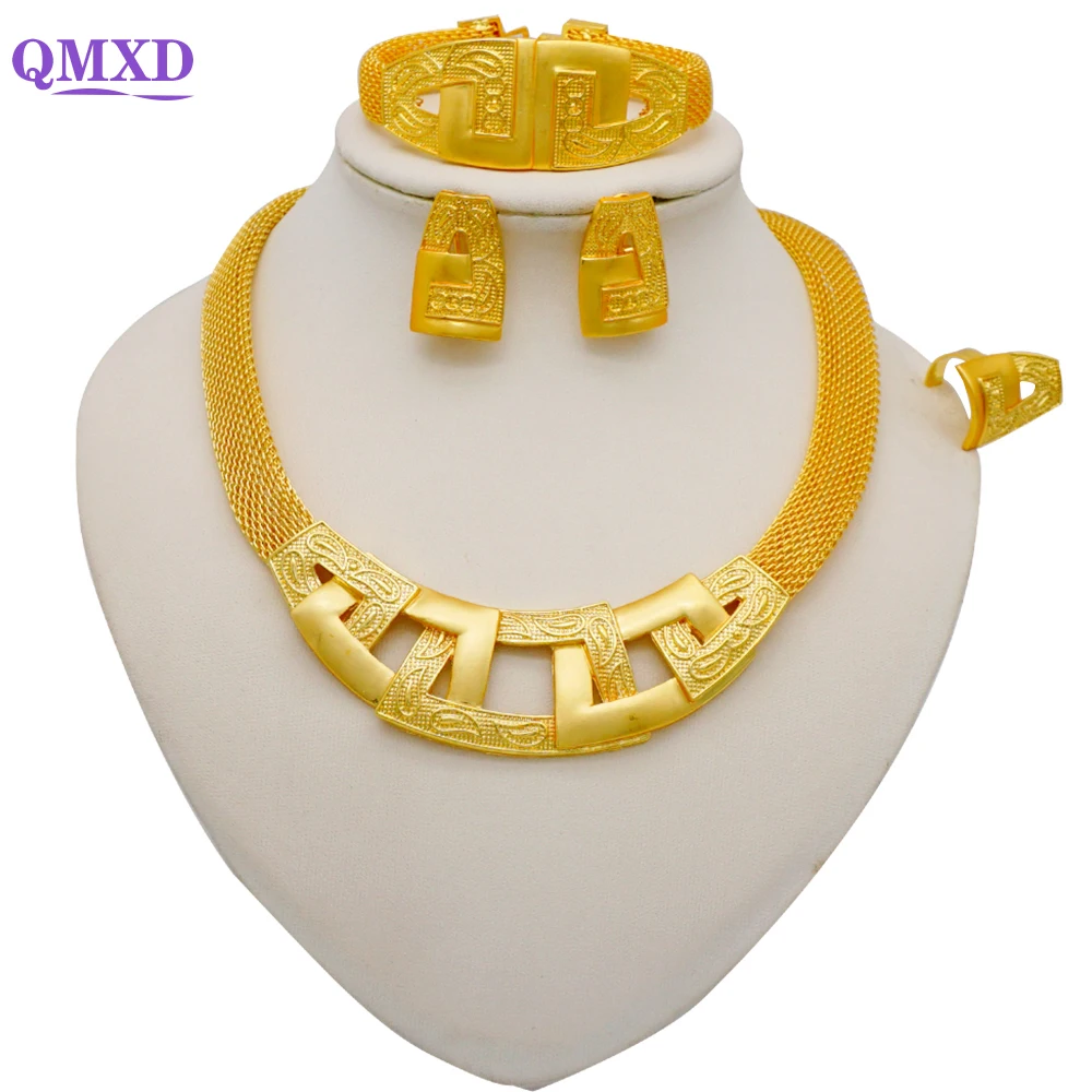 

Dubai Nigeria Wedding Jewelry Sets African Bridal Wedding Gifts Party For Women Bracelet Necklace Earrings Ring Necklace Sets