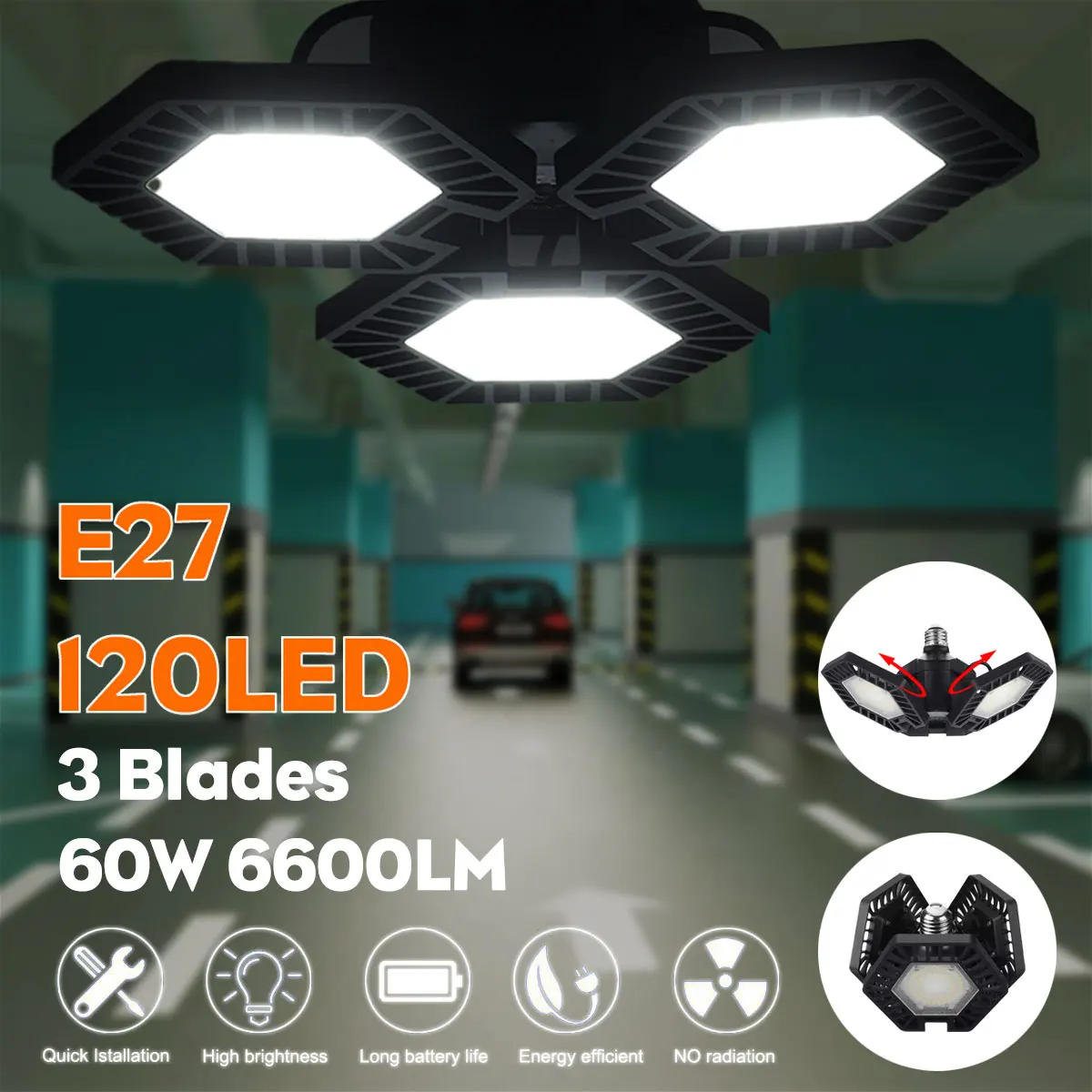 

3-leaf Folding LED Garage Light Bulb Blade Deformation Ceiling Light For Home Workshop Warehouse Factory Gym