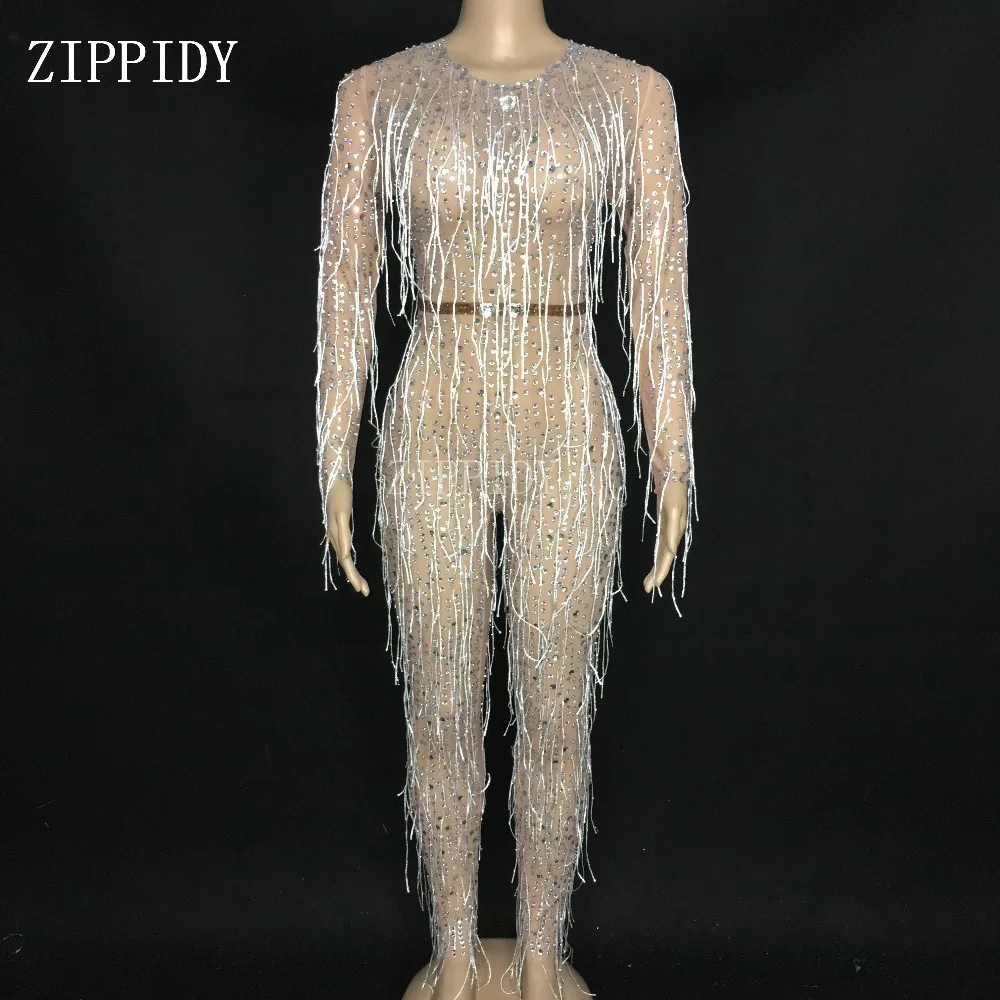 Модный Стразы прозрачный комбинезон с бахромой Женский танцевальный аксессуар