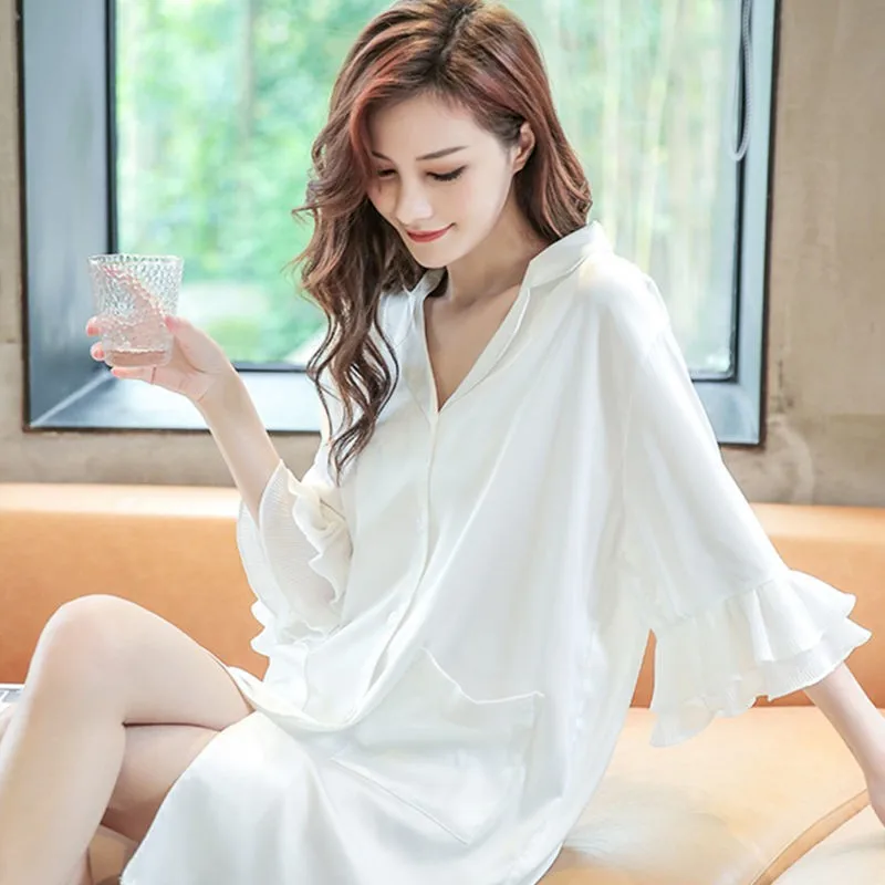 

Ovesize Night Shirt Summer Lady Sleep Dress Lapel Button-Down Nightwear Loose Satin Kimono Dressing Gown Lingerie Thin Sleepwear
