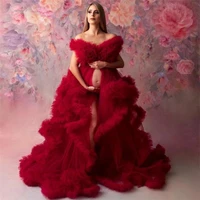 red tulle prom evening dresses maternity robes for photo shoot tiered ruffles bridal pregnancy sleepwear gowns custom made