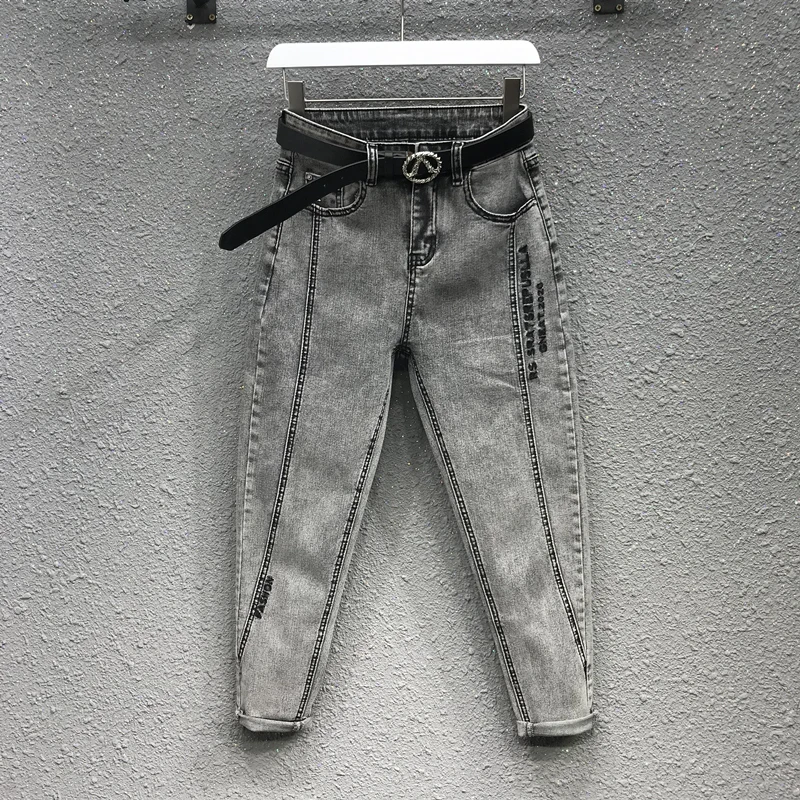 

Fahsion New Spring Jeans for Mujer Patchwork Letter Embroidery Smoky Gray Denim Pants High Waist Slim Pencil Jean Ankle-length