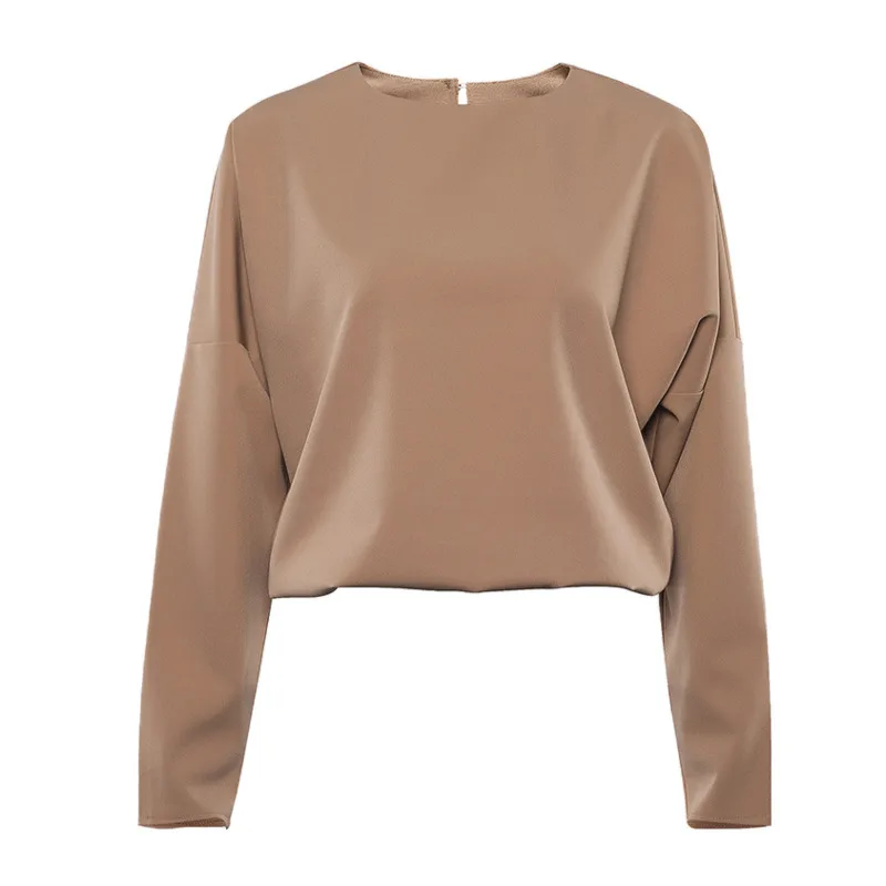 

Women's Autumn Blouse Long Sleeve Round Neck Tops 2020 Spring Fashion Solid All-match Brown & Khaki Casual Korean Office Blouse