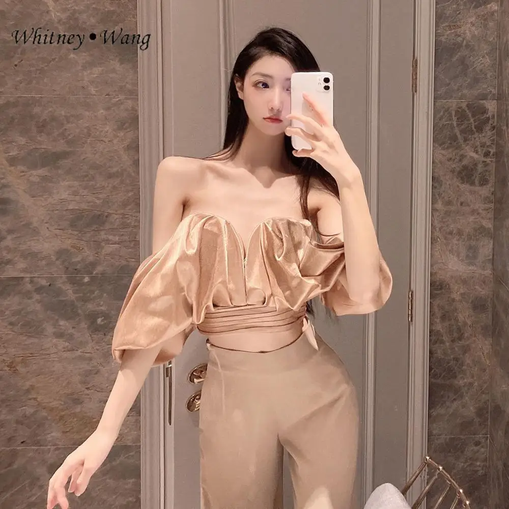 Женская атласная блузка WHITNEY WANG Сексуальная Блузка без бретелек с бантом на поясе