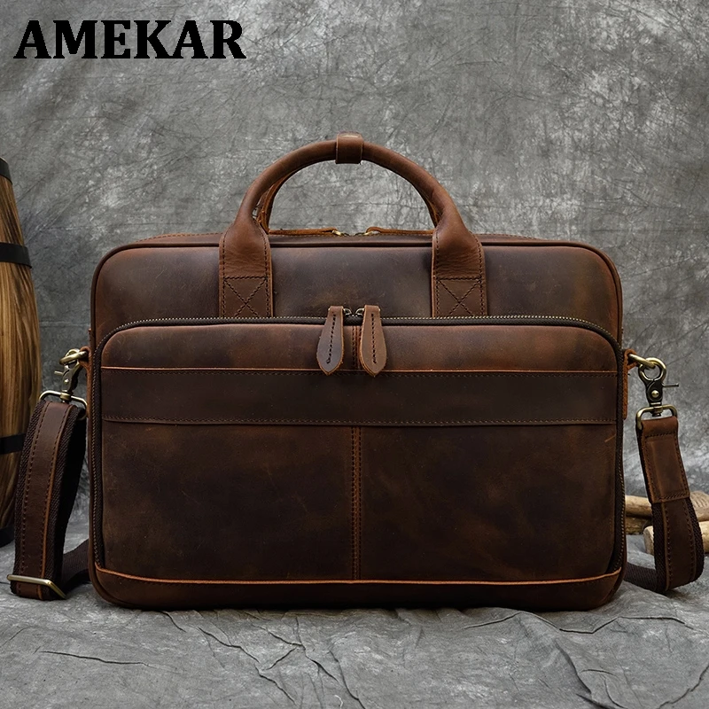 

Men Briefcase Genuine Leather Laptop Bag 15.6" PC Doctor Lawyer Computer Bag Cowhide Male Briefcase Cow Leather Solid Bag Zipper