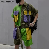 2021 men patchwork rompers shorts punk loose short sleeve jumpsuit multi pockets fashion streetwear casual male overalls incerun