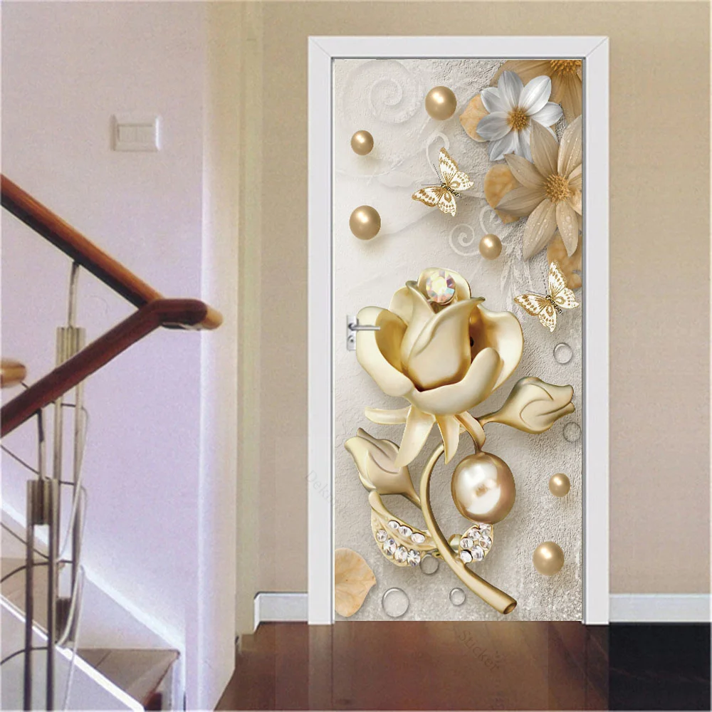 3D Gold Door Decoration Stickers Marble Simple Abstract Lines Flowers Wallpaper For Living Room Home Decor Bedroom Art Decals images - 6