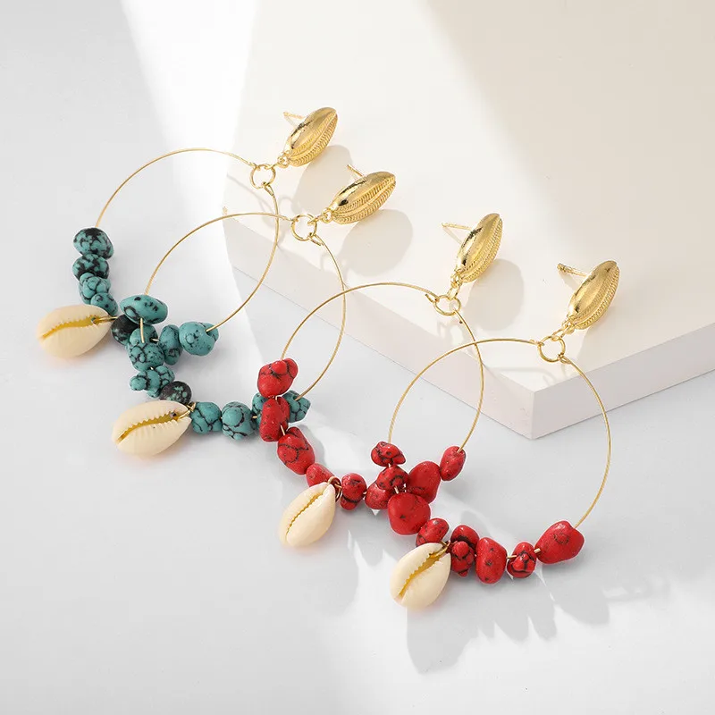 

Bohemian Natural Stone Shell Drop Earrings For Female Round Hoop Gold Color Alloy Drop Earrings Valentine's Day Gift Jewelry