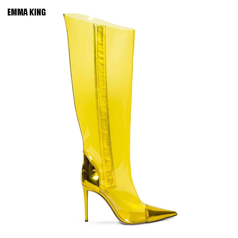 

Прозрачные рыцарские Сапоги на каблуке-шпильке, привлекательные зимние праздничные сапоги с острым носком, блестящие желтые кожаные сапоги до колена, женские длинные сапоги