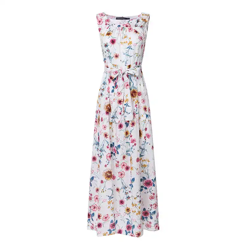 White Printed Модное Макси платье на бретелях, женский сарафан с оборками,, ZANZEA, Женские Повседневные Вечерние платья, женское платье размера плюс, богемное платье с поясом - Цвет: White Printed