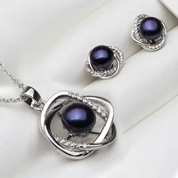 wedding jewelry sets fashion natural freshwater black pearl pendant necklaces women stud earrings elegant 925 silver set