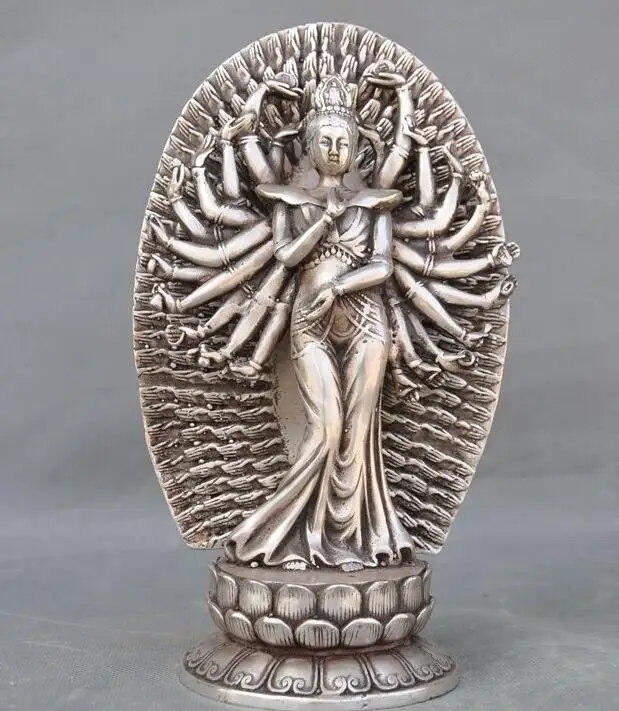 Тибет Буддизм Серебряный Лотос 1000 руки Гуань Инь Гуаньинь статуя Будды