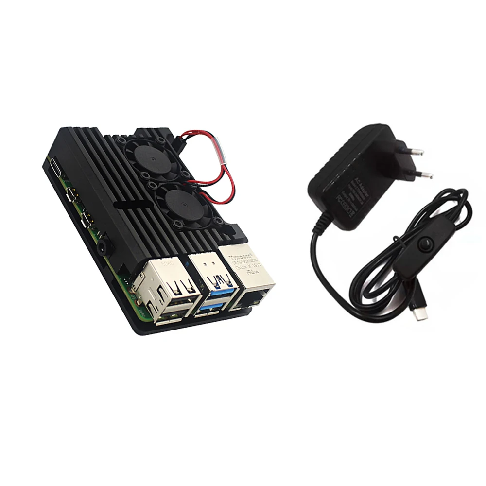 Raspberry Pi 4 4B Case + Power Adapter CNC Aluminum Cover Heatsink Cooling Fan for Model B | Компьютеры и офис