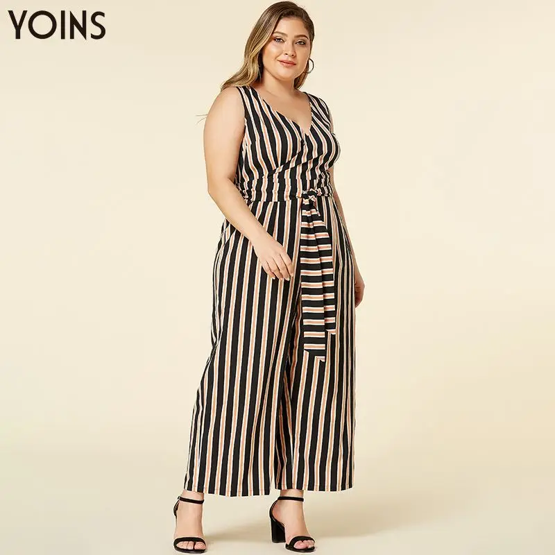 YOINS 2020 Spring Summer Women Stripe Sexy Deep V-neck Belt Jumpsuits Female Elegant Wide Leg Jumpsuit Plus Size Romper Trouser | Женская