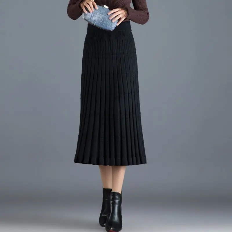 

Women 2021 Autumn Fashion Thicken Warm Loose Skirts Female New Mid-long Pleated Skirts Ladies High Waist Knitted Skirts M836