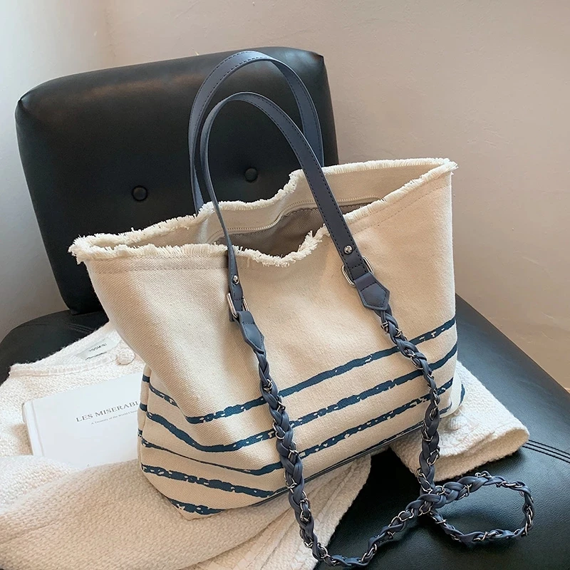 

Stripe High Capacity Big Handbag for Women 2021 Fashion Luxury Designer Brand Shopper Canvas Shoulder Shopping Tote Purse