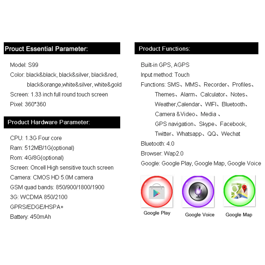 S99 GSM 3G четырехъядерные Android и IOS Смарт-часы с Камерой 5 0 МП GPS WiFi Bluetooth телефон V4.0