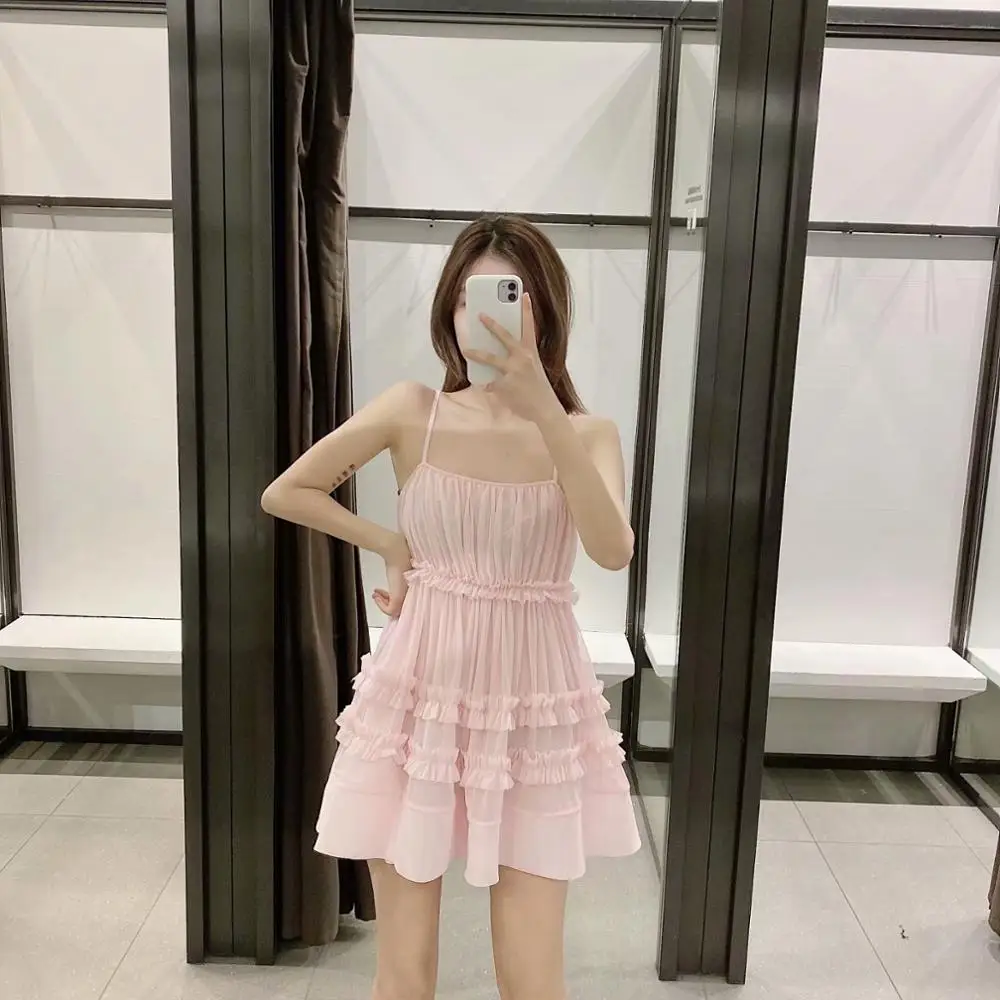 Новинка 2020 весеннее женское розовое однотонное платье выше колена на бретелях с