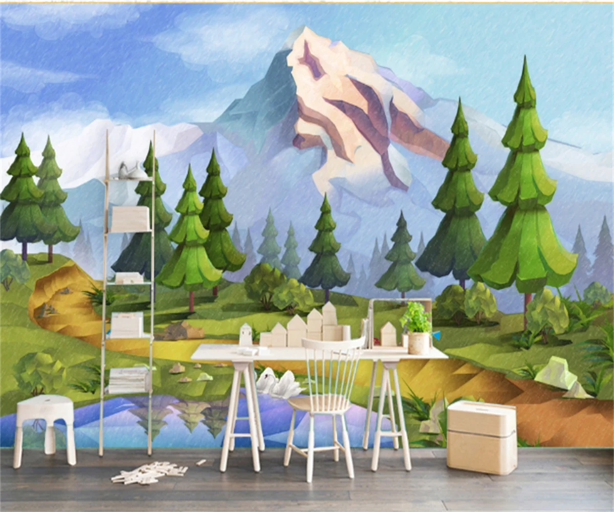 

Hand-painted Nordic green mountains and rivers landscape background wall decoration mural professional custom wallpaper