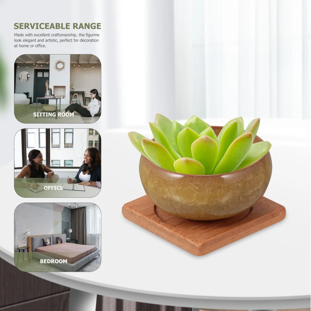 

6 Sets Ice Cracked Ceramic Flowerpot Plant Storage Holder with Wooden Support